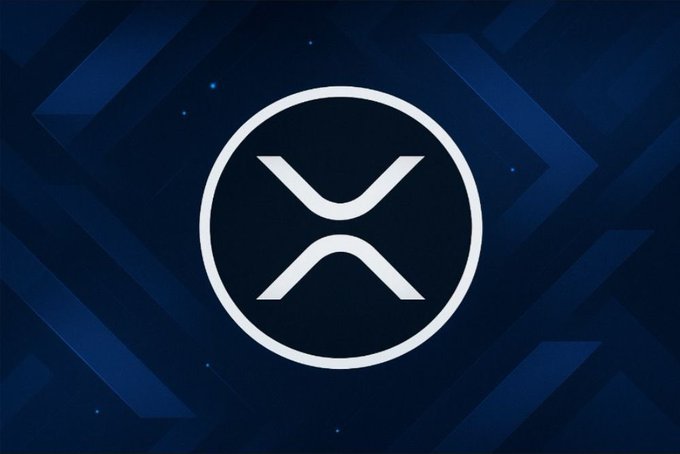 The image displays the XRP logo—a stylized "X" inside a circle—against a dark blue geometric background, symbolizing Ripple's cryptocurrency. This visual ties directly to the post's announcement of Ripple Prime (via its Hidden Road acquisition) becoming a self-clearing member on the DTCC NSCC, marking a major milestone for the XRP ecosystem.