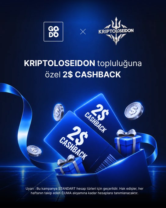 A promotional advertisement for GODDO x KRIPTOLOSEIDON offering a special 2$ CASHBACK for the Kriptoloseidon community, featuring blue gift cards and coins.