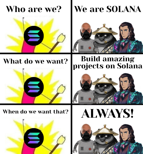 The image shows a cartoon depiction of three people with different colored hair - pink, black, and brown - standing next to each other against a white background. The caption below the image reads "Who are we? We are Solana".