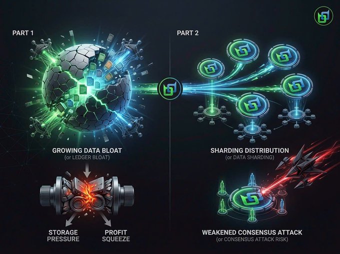 A digital infographic titled 'PART 1' and 'PART 2' illustrating blockchain concepts like 'GROWING DATA BLOAT (or LEDGER BLOAT)', 'SHARDING DISTRIBUTION', 'STORAGE PRESSURE', 'PROFIT SQUEEZE', and 'WEAKENED CONSENSUS ATTACK'.