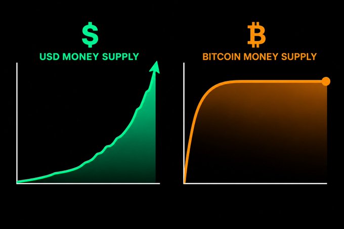 The image displays two side-by-side growth charts: a green USD Money Supply curve rising exponentially upward with no ceiling, contrasted with an orange Bitcoin Money Supply curve that rises sharply before plateauing at its hard-capped limit. This visual reinforces the post's sentiment by illustrating Bitcoin's fixed, predictable supply versus the dollar's ever-expanding, inflationary nature, highlighting why some view the "safe" dollar and "risky" Bitcoin labels as inverted.