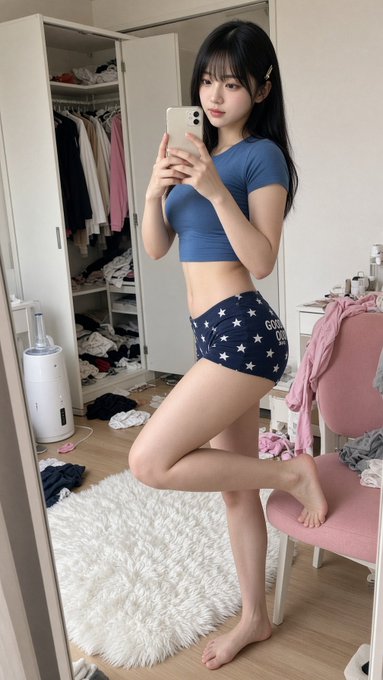 A young woman in a blue crop top and star-patterned shorts takes a mirror selfie with her phone in a bedroom with an open wardrobe, pink chair, and white rug.