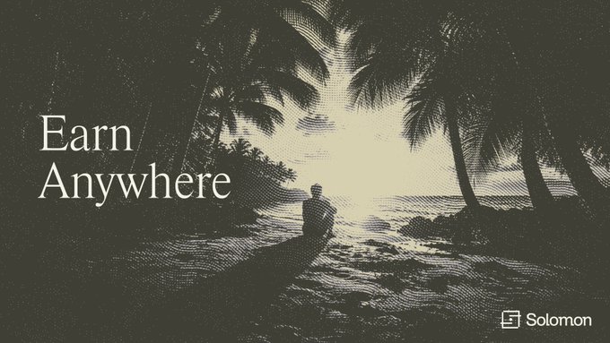 A black and white advertisement for Solomon with the text 'Earn Anywhere', featuring a silhouette of a person in a boat among palm trees.