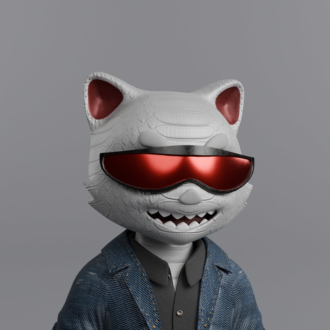A 3D render of a character wearing a white mask with sharp teeth, red sunglasses, and a denim jacket.