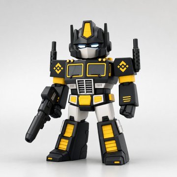 The image features a toy robot with black, yellow, and white colors standing upright against a plain background. The robot has two guns attached to its back and appears to be ready for action or playtime. The text "大朋友小朋友儿童节快乐" suggests that the toy is designed as a collectible item, possibly related to the popular video game series Transformers.