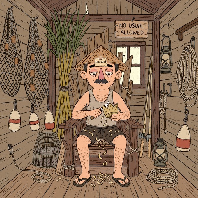 A cartoon illustration of a mustached man in a conical hat sitting in a wooden shack, peeling something, with a 'NO USUAL ALLOWED' sign on the wall.