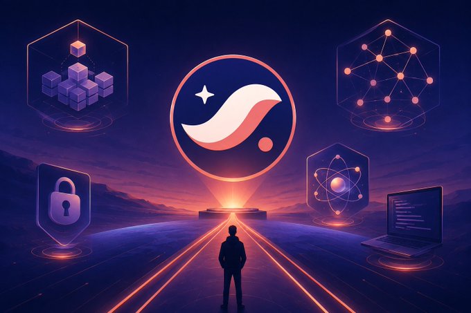 A futuristic digital illustration showing a silhouetted figure facing a glowing logo emblem, surrounded by floating icons of cubes, a lock, an atom, a network, and a laptop.