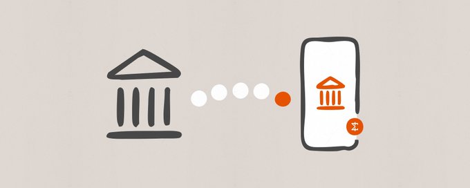 A hand-drawn illustration shows a classical bank building on the left connecting via a dotted path to a smartphone on the right displaying a bank icon and a small orange Bitcoin-style symbol, visually representing Miden's role as a bridge between traditional banking and crypto rails for neobanks.