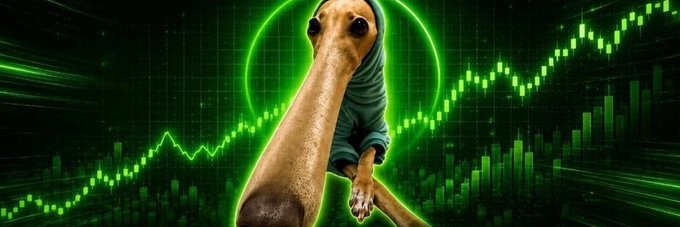 A meme banner featuring a long-snouted dog character with a stretching face, set against a green upward-trending financial chart background, visually plays on the name of the Solana token $looong. The exaggerated features and bullish chart emphasize the "long" meme theme of the token.