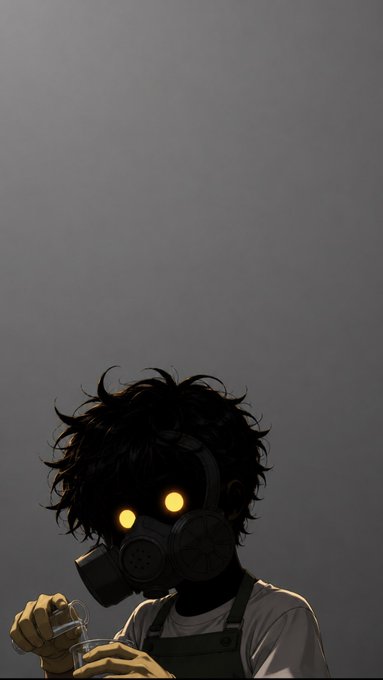 An anime-style illustration of a dark-haired character wearing a gas mask with glowing yellow eyes, holding a small glass in a dimly lit gray environment.