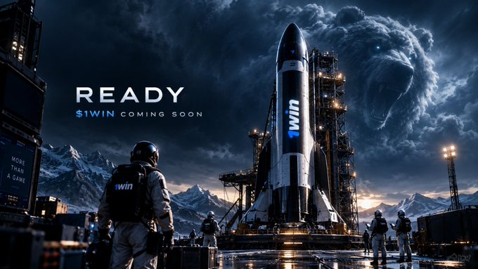The image shows a dramatic scene of a rocket emblazoned with "1win" on a launch pad at night, with an astronaut figure and crew in the foreground, accompanied by the text "READY" and "1WIN COMING SOON." The accompanying post aligns perfectly with the imagery, emphasizing 1win's upcoming launch in Q4, with the rocket symbolizing readiness and the imminent takeoff of the project.