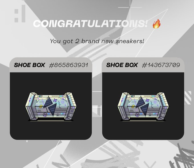 A digital congratulations screen with the text 'CONGRATULATIONS! You got 2 brand new sneakers!' showing two sneaker box designs labeled 'SHOE BOX #865863931' and 'SHOE BOX #143673709'.