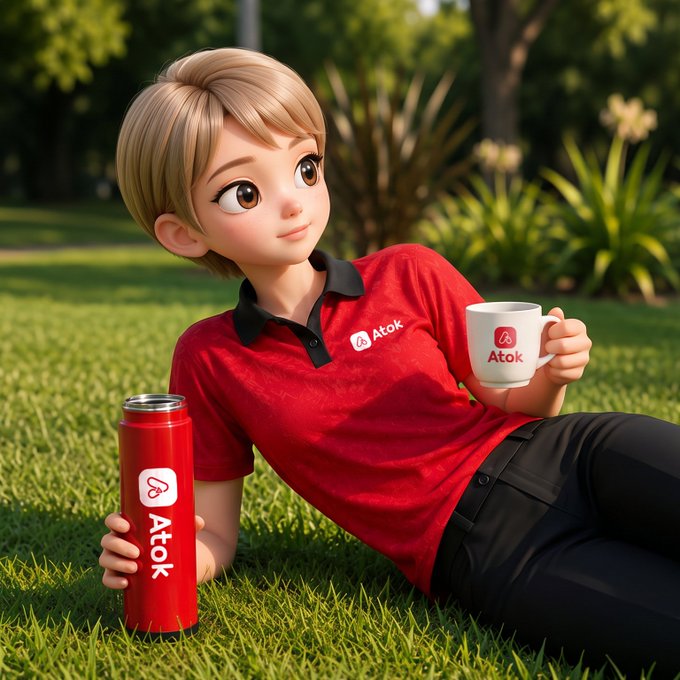 A 3D-animated character with blonde hair lounges on green grass in a park, holding a red tumbler and a white mug, both branded with the "Atok" logo. The image illustrates the post's theme of a relaxed daily routine involving the $ATOK brand, visually conveying a casual, consistent engagement with the product.