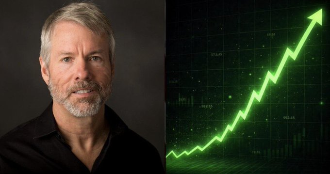 The image shows a portrait of Michael Saylor alongside a glowing green upward-trending chart with an arrow, symbolizing rising stock or market performance. Visible numbers on the chart include "27.65," "69.55," "74.85," and "992.45," reinforcing the bullish momentum tied to his $80 million Bitcoin acquisition.