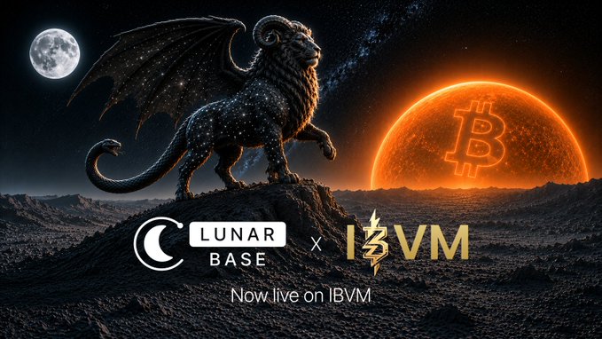 A promotional graphic for 'LUNAR BASE x IBVM' featuring a fantasy ram-creature, the moon, and a Bitcoin symbol, with the tagline 'Now live on IBVM'.