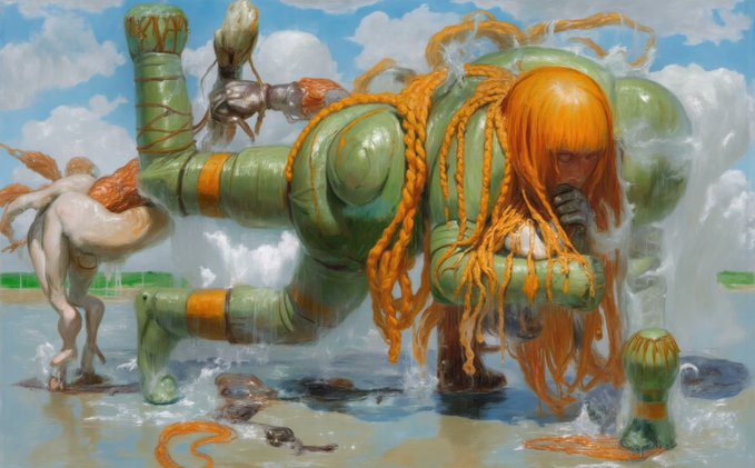 A surreal painting depicting a figure in a green mechanical suit with flowing orange hair emerging from a watery landscape under a cloudy sky.