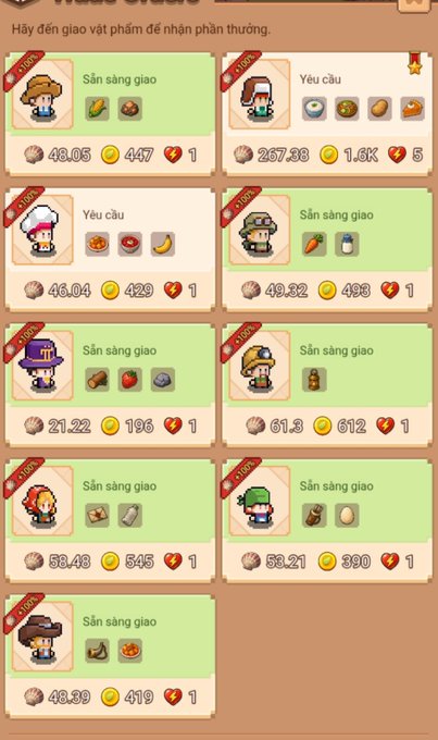 A screenshot of a mobile game menu in Vietnamese, showing various characters with items ready for delivery or exchange, with prices and icons like 'Yêu cầu' and 'Sẵn sàng giao'.