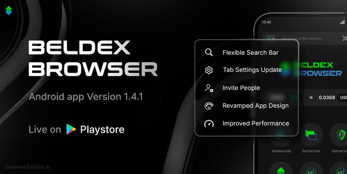 Promotional graphic for the Beldex Browser Android app Version 1.4.1, listing features like 'Flexible Search Bar', 'Tab Settings Update', 'Invite People', 'Revamped App Design', and 'Improved Performance'.