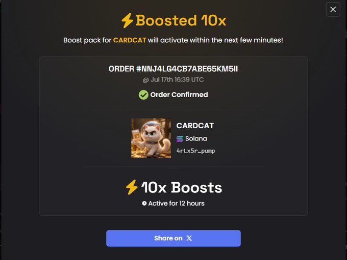A digital confirmation screen showing a 'Boosted 10x' purchase for 'CARDCAT' on Solana blockchain, with '10x Boosts' active for 12 hours.