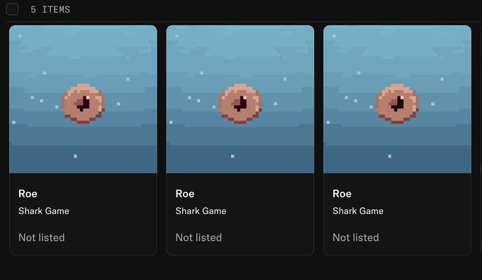 A screenshot shows 5 "Roe" NFTs from the "Shark Game" (or 3 of 5 visible), all marked "Not listed," reflecting the user's recent minting of Shark Game NFTs on Robinhood before the game's official launch.