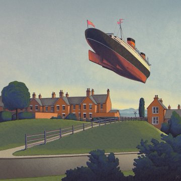 A painting-style illustration showing a large ocean liner with red flags floating above a row of suburban houses on a green hillside.