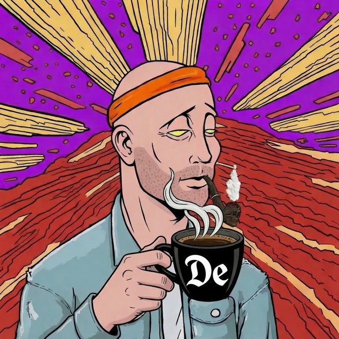 An illustrated bald man with an orange headband smokes a pipe and holds a black mug labeled "De" against a vibrant purple and orange background.