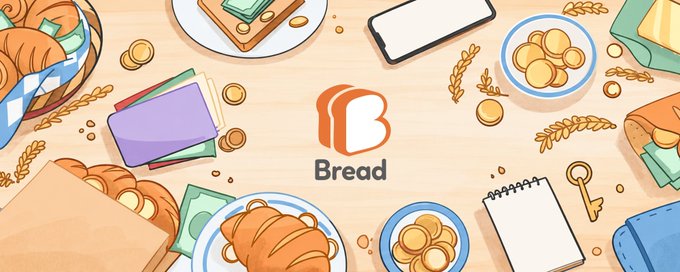 An illustrated graphic featuring the 'Bread' app logo surrounded by drawings of croissants, bread loaves, coins, books, and a smartphone on a wooden background.