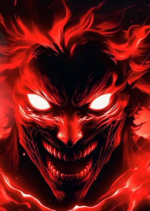 A menacing anime-style illustration of a red demonic face with glowing white eyes, sharp teeth, and wild hair.