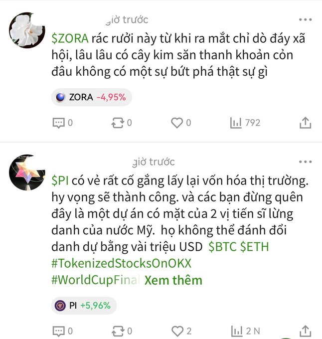 Vietnamese social media posts discussing crypto, including $ZORA down 4.95% with 792 views, and a post about $PI up 5.96% mentioning #TokenizedStocksOnOKX #WorldCupFinal and two American professors.