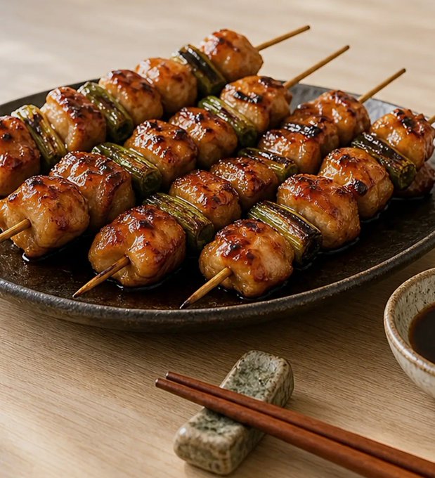 A dark ceramic plate holds several skewers of glazed grilled chicken and scallions, accompanied by a small bowl of dipping sauce and a pair of chopsticks resting on a stone holder.