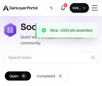 A screenshot of the GenLayer Portal interface shows a confirmation notification reading "Nice. 1000 pts awarded" after completing a social task, with "Social tasks" partially visible behind the pop-up and tabs showing "Open 0" and "Completed 3" at the bottom.