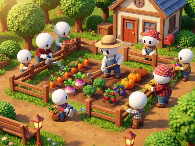 A whimsical 3D-rendered scene shows cartoonish white, egg-shaped characters tending to a fenced vegetable garden with carrots, pumpkins, and strawberries near a cottage.