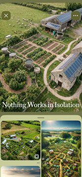An aerial view of a farmstead with solar-paneled buildings, cultivated garden beds, and the overlaid title “Nothing Works in Isolation.”