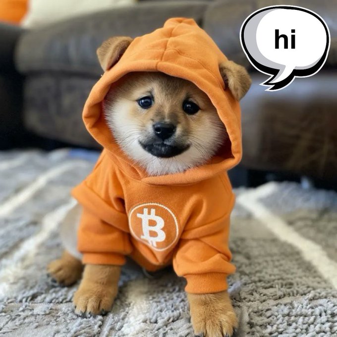 A Shiba Inu puppy wearing an orange hoodie with the Bitcoin logo, with a speech bubble saying 'hi'.