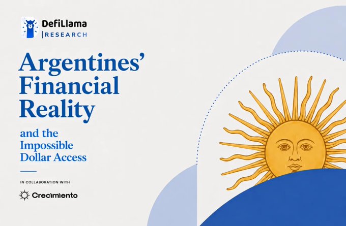 A title card reading 'DeFiLlama RESEARCH - Argentines' Financial Reality and the Impossible Dollar Access - IN COLLABORATION WITH Crecimiento' with a sun illustration.