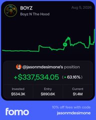 A 'fomo' app screenshot of a position labeled 'BOYZ - Boyz N The Hood' from Aug 5, 2020, showing +$337,534.05 (+63.16%) return on a $534.9K investment by @jasonmdinsmore.