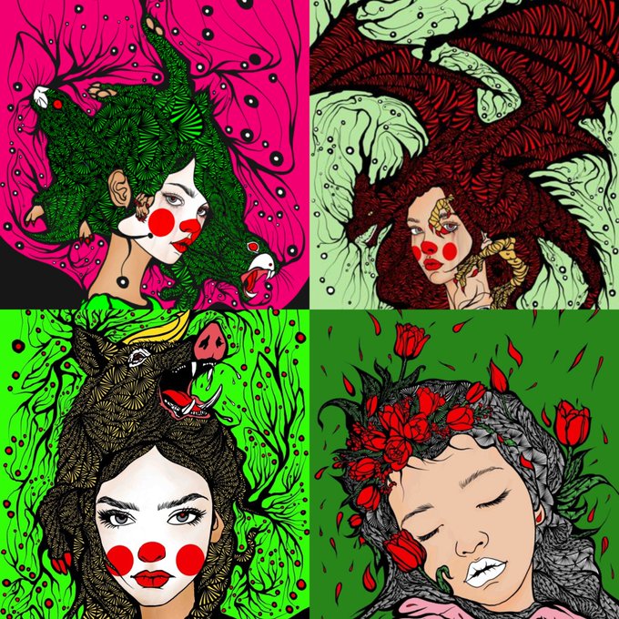 A four-panel colorful digital illustration of women with elaborate floral and nature-inspired hair designs in vibrant pink, green, and red color schemes.