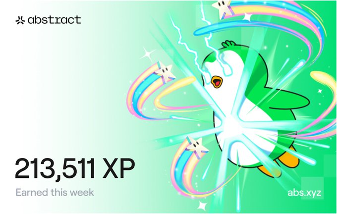 The image features an abstract poster with a cartoon penguin as its main subject. The poster has a green background adorned with colorful stars and rainbows, creating a vibrant and whimsical atmosphere. In the bottom right corner of the poster, there is text that reads "it's week 69 on @AbstractChain took a spontaneous trip to Thailand for SEA Blockchain Week so I expected a slight dip in XP, but still managed to bank 213k looking forward to seeing how June pans out". The penguin character appears to be in motion, possibly flying or gliding through the air.