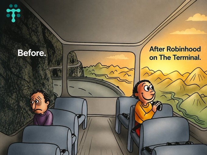 A cartoon bus scene with the Robinhood logo showing a sad passenger before using the app and a happy passenger taking photos of mountains after, labeled 'Before.' and 'After Robinhood on The Terminal.'
