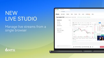 A promotional graphic for HTX's "New Live Studio" featuring a laptop displaying the Live Studio interface with a cryptocurrency trading chart, alongside text promoting the ability to "Manage live streams from a single browser." The image visually supports the announcement of HTX Live's upgraded streaming platform, highlighting its browser-based functionality and integrated trading/livestreaming experience.