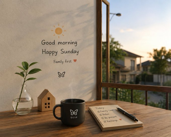 A digital illustration of a balcony scene with a 'Good morning Happy Sunday' wall decal, a plant, a 'QUIP' coffee mug, and a to-do list notebook.