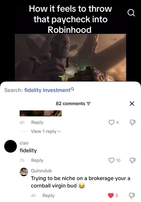 A social media post titled 'How it feels to throw that paycheck into Robinhood' featuring Thanos, with comments discussing Fidelity as an investment platform.