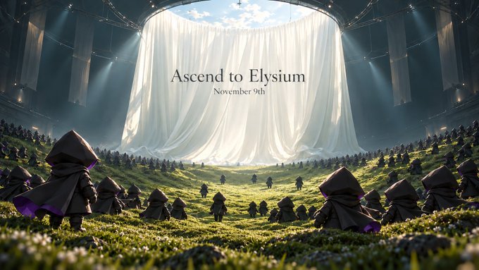 A dramatic fantasy scene featuring a crowd of hooded figures gathered in a stadium-like arena, with a glowing white curtain at center displaying the text 'Ascend to Elysium - November 9th'.
