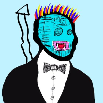 Colorful cartoon-style drawing of a figure with a stitched blue face, rainbow mohawk, formal black suit with a bowtie, and dollar sign on the chest.