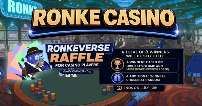 A 'RONKE CASINO' promotional banner advertising the 'RONKEVERSE RAFFLE' for casino players, with 8 winners selected based on highest volume/Most RONKE and random selection, ending July 13th.