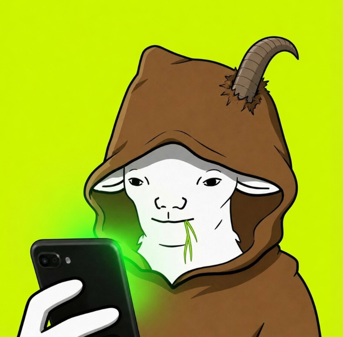 A goat character in a brown hooded cloak stares at a smartphone, which emits a green glow onto its face, as it casually chews on a sprig of grass with a calm, knowing expression. The image ties to the post by portraying a relaxed, unbothered goat confidently viewing the early $GOATIE token (25k market cap, 84 holders, contract 0x81eff6a53419ee506f80ab91646e984082da0ba3) while hinting that most people will scroll past this opportunity to their own detriment.
