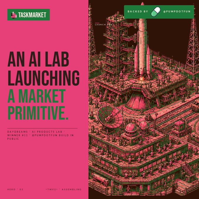 The image features a poster with a pink background that displays an illustration of a rocket ship, surrounded by buildings and people. The text on the poster reads "An AI lab launching a market primitive" and "Daydreams is an AI products lab". The poster also includes a link to a post about the 11th winner of the Build in Public hackathon, which was created by TASKMARKET as part of their thesis on agentic commerce.