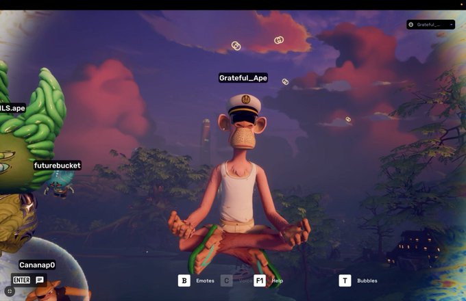 A 3D rendered scene of an ape-like character wearing a captain's hat and sunglasses, meditating in a lotus pose with the username "Grateful_Ape" displayed above it in a virtual world.