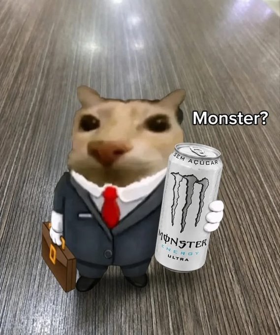 A surreal image featuring a cat's face on a cartoonish body dressed in a suit, holding a Monster Energy Ultra can and a briefcase, with the text 'Monster?' floating next to it.