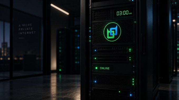 A dark server room with server racks illuminated by small blue and green lights, a digital clock reading '03:00 AM', and a glass panel displaying 'A MORE PRIVATE INTERNET' next to a green 'ONLINE' indicator.